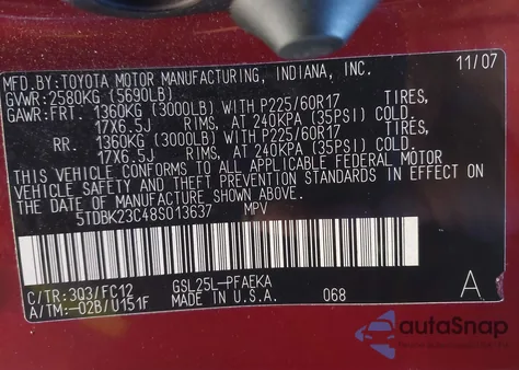 2008 Toyota Sienna Le from USA, damaged, VIN 5TDBK23C48S013637